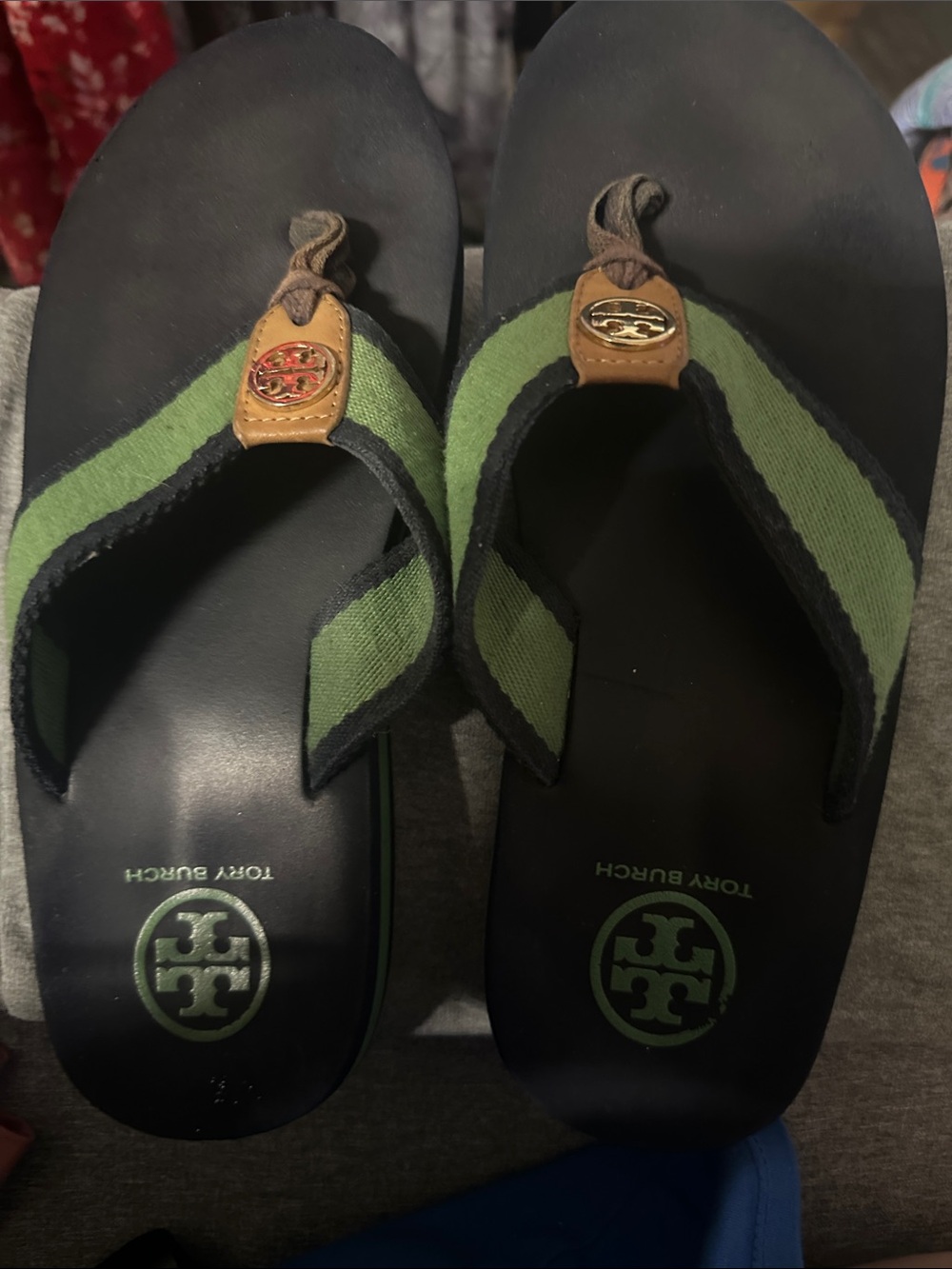 Tory Burch Black & Green Logo Thong Sandals